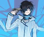  akiyoshi_nozomu atlus black_hair blue_eyes devil_survivor_2 digital_media_player hair_over_one_eye kuze_hibiki megami_ibunroku_devil_survivor parody persona persona_3 protagonist_(devil_survivor_2) scarf short_hair 