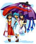  ascot asymmetrical_wings bag black_hair black_legwear blue_eyes blue_hair bow detached_sleeves dress floating hair_bow hair_tubes hakurei_reimu holding holding_umbrella houjuu_nue karakasa_obake kiri multiple_girls open_mouth purple_umbrella rain red_eyes shared_umbrella shopping_bag short_hair skirt socks tatara_kogasa thighhighs tongue touhou umbrella white_legwear wings zettai_ryouiki 