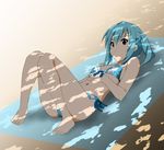  barefoot beach_towel bikini blue_eyes blue_hair dappled_sunlight flat_chest front-tie_top fukuoka_katsumi lying misaki_(fukuoka_katsumi) navel on_back original shade side-tie_bikini solo sunlight swimsuit towel tree_shade twintails 