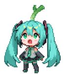  &gt;_&lt; 1girl animated animated_gif aqua_eyes aqua_hair aqua_necktie aqua_trim bare_shoulders black_skirt black_sleeves black_thighhighs blush detached_sleeves food grey_shirt hair_between_eyes hair_ornament hatsune_miku long_hair long_sleeves looking_up lowres necktie open_mouth pixel_art shirt simple_background skirt sleeveless sleeveless_shirt solo sonao spring_onion thighhighs transparent_background twintails vegetable vocaloid 