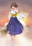  barefoot blue_eyes brown_hair detached_sleeves dissidia_012_final_fantasy dissidia_final_fantasy final_fantasy final_fantasy_x green_eyes hair_ornament hakama heterochromia highres image_sample japanese_clothes md5_mismatch pixiv_sample short_hair sky smile solo sunset ten_(k1208) wand yuna_(ff10) 