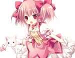  :3 blush bow dress gloves hair_bow jewelry kaname_madoka kyubey magical_girl mahou_shoujo_madoka_magica mayo_(miyusa) necklace open_mouth pendant pink_dress pink_eyes pink_hair red_eyes smile twintails white_gloves 