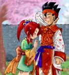  1girl black_hair blush closed_eyes cosplay crossover dragon_ball dragon_ball_z red_hair shin_sangoku_musou son_gohan xiao_qiao xiao_qiao_(cosplay) zhou_yu zhou_yu_(cosplay) 