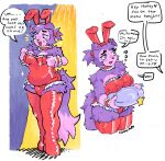2025 absolute_territory anthro biped bodily_fluids boots breasts bulge bunny_costume cammypuppy canid canine canis chest_tuft choker cleavage clothed clothing costume digital_drawing_(artwork) digital_media_(artwork) domestic_dog ear_piercing emanata footwear fur gynomorph hi_res intersex jewelry mammal necklace piercing purple_body purple_fur purple_tail purple_tuft red_boots red_clothing red_footwear shadow shoes signature smile solo speech_bubble spotlight sweat sweatdrop tail tuft