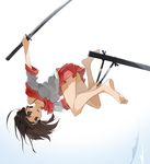  bare_legs bare_shoulders barefoot brown_eyes brown_hair feet from_below justminor katana long_hair off_shoulder open_mouth original scabbard school_uniform serafuku sheath skirt soles solo sword upside-down weapon 