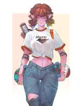  1girl ass_visible_through_thighs bandaid bandaid_on_arm bandaid_on_finger bandaid_on_hand bandaid_on_neck blue_eyes blue_pants border breasts colored_skin commentary cowboy_shot elbow_rest elliemaplefox english_text glasses highres holding holding_skateboard large_breasts looking_at_viewer midriff navel orange_bag orange_hair original pants parted_lips pink_skin pointy_ears print_shirt round_eyewear shirt short_hair short_sleeves skateboard smile solo standing t-shirt thigh_gap tied_shirt toned toned_female torn_clothes torn_pants white_border white_shirt yellow_background 