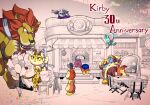  anniversary awoofy balloon bandana_waddle_dee camera car-mouth_cake chair character_doll clawroline coat eating elfilin fork hat highres king_dedede kirby kirby_(series) kirby_and_the_forgotten_land kirby_burger kirby_cafe leongar marx_(kirby) meta_knight mokichi_(4exezmfsatnhsm5) restaurant sign stuffed_toy table taking_picture waddle_dee 