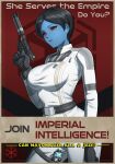  1girl alien belt black_belt black_gloves blue_skin breasts chiss colored_sclera colored_skin droid gloves gun highres holding holding_gun holding_weapon large_breasts military_uniform poster_(medium) red_eyes red_sclera science_fiction short_hair sith spy star_wars star_wars:_the_old_republic tunic weapon white_tunic zxpfer 