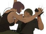 1boy 1girl aizheajsee bleeding blood blood_from_eyes blood_on_face blood_on_hands breasts combat_knife fingerless_gloves ghost_in_the_shell ghost_in_the_shell:_stand_alone_complex gloves highres knife kusanagi_motoko looking_at_another medium_hair purple_hair saitou_(gits) scope sideboob stab subdermal_port weapon 