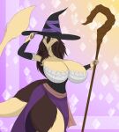 2020 absurd_res anthro big_breasts breasts brown_body brown_fur brown_hair brown_tail cane clothed clothed_anthro clothed_female clothing crosier digital_drawing_(artwork) digital_media_(artwork) female fur hair hat headgear headwear hi_res huge_breasts justmekenji kenari_neora kenari_neora_(justmekenji) long_hair magic magic_user mammal mythological_creature mythology scepter sergal solo tail tan_body tan_breasts tan_face tan_fur tan_tail thick_thighs wide_hips witch witch_costume witch_hat