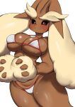2025 absurd_res anthro big_breasts bikini bikini_bottom bikini_top black_sclera blush bodily_fluids breasts clothed clothing female fur generation_4_pokemon hi_res huge_breasts looking_at_viewer lopunny multicolored_body multicolored_fur nintendo pink_eyes pokemon pokemon_(species) simple_background sleepiness18 solo sweat swimwear tan_body tan_fur two-piece_swimsuit two_tone_body two_tone_fur