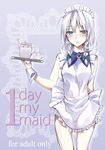  apron atoshi blue_eyes blush bow braid brooch cover cover_page cup doujin_cover english highres izayoi_sakuya jewelry maid maid_headdress naked_apron rating silver_hair solo tea_set teacup teapot touhou tray twin_braids wrist_cuffs 