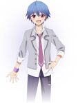  1boy 9-nine- :d black_pants blue_hair blush collared_shirt cowboy_shot fukazawa_yoichi grey_jacket hair_between_eyes hand_on_own_hip happy highres jacket long_sleeves looking_at_viewer male_focus necktie official_art open_clothes open_jacket open_mouth pants promotional_art red_eyes red_necktie school_uniform shirt short_hair simple_background sleeves_rolled_up smile solo spiked_hair transparent_background white_shirt 