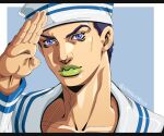 1boy anime_coloring araki_hirohiko_(style) black_hair blue_eyes border commentary dixie_cup_hat english_commentary grandguerrilla green_lips hat higashikata_josuke_(jojolion) highres jojo_no_kimyou_na_bouken jojolion makeup male_focus military_hat multicolored_eyes official_style portrait purple_eyes sailor sailor_collar salute signature solo two-tone_eyes white_hat white_sailor_collar yuri_sillies 