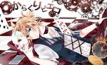  alternate_costume bad_id bad_pixiv_id blonde_hair blue_eyes card checkered checkered_floor choker clock clockwork clown clown_nose comaco falling_card fingernails heart highres kagamine_len karakuri_pierrot_(vocaloid) lying lying_card male_focus mask nail_polish on_back playing_card pocket_watch ponytail rug smile solo tears vest vocaloid watch wristband 