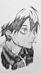  1boy 3_surugi closed_mouth collared_shirt cropped_torso freckles grey_background greyscale haikyuu!! hair_behind_ear hair_between_eyes highres looking_ahead male_focus monochrome parted_bangs shirt simple_background solo sportswear sweat very_sweaty volleyball_uniform wing_collar yamaguchi_tadashi 