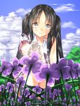  bad_id bad_pixiv_id black_hair blush brown_eyes chin_rest cloud day flower from_below kyon_(fuuran) looking_at_viewer original sky smile solo squatting twintails water watering_can 