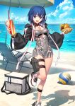  1girl :d ahoge ball beach bikini black_bikini black_jacket blue_eyes blue_hair blue_sky breasts burger c.i.e.l_(fate) c.i.e.l_(first_ascension)_(fate) ciel_(tsukihime) clothing_cutout cropped_jacket cross cross_necklace cup disposable_cup drink drinking_straw fate/grand_order fate_(series) food food_wrapper foot_out_of_frame game_cg halterneck hands_up holding holding_burger holding_cup holding_drink holding_food holster hood hood_down hooded_jacket horizon jacket jewelry latin_cross long_sleeves looking_at_viewer medium_breasts necklace ocean official_art open_clothes open_jacket open_mouth outstretched_arms people puffy_long_sleeves puffy_sleeves sand see-through_clothes shoelaces shoes short_hair sky smile sneakers solo_focus standing standing_on_one_leg swimsuit swimsuit_cover-up takeuchi_takashi thigh_holster third-party_source underboob_cutout variant_set volleyball_(object) white_shoes 