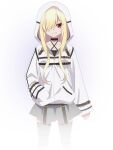  1girl 9-nine- arm_at_side belt black_belt black_choker black_shirt blonde_hair blush choker closed_mouth collarbone cowboy_shot criss-cross_halter ghost_(9-nine-) grey_skirt grey_thighhighs hair_over_one_eye halterneck hand_in_pocket highres hood hood_up hoodie long_bangs long_hair looking_at_viewer miniskirt official_art one_eye_covered pleated_skirt promotional_art red_eyes shirt simple_background skirt sleeves_past_wrists smile solo split_mouth thighhighs transparent_background v-shaped_eyebrows white_hoodie wide_sleeves zettai_ryouiki zipper 