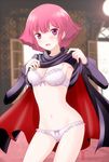  bad_id bad_pixiv_id blush bra breasts cape cleavage embarrassed gundam gundam_zz haman_karn machinosuke medium_breasts open_mouth panties pink_hair purple_eyes shirt_lift short_hair solo underwear undressing 