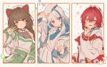  3girls agemono_ume ange_katrina animal_ears arm_up belt beret blue_eyes blue_hair blue_necktie blue_sleeve_cuffs blush border braid breasts brown_hair cleavage closed_mouth collar collared_shirt color-coded colored_inner_hair column_lineup covered_collarbone cropped_jacket dog_ears green_skirt green_sleeve_cuffs grey_collar hair_between_eyes hair_intakes hand_up hashtag-only_commentary hat head_tilt heart heterochromia highres inui_toko inward_v jacket lize_helesta long_bangs long_hair long_sleeves looking_at_viewer low_twin_braids matching_outfits medium_breasts multicolored_hair multiple_girls necktie nijisanji official_alternate_costume open_clothes open_jacket open_mouth orange_border pleated_skirt purple_eyes red_eyes red_hair red_sleeve_cuffs sanbaka_(nijisanji) see-through_cleavage see-through_clothes shirt short_hair sidelocks single_bare_shoulder single_off_shoulder skirt sleeveless sleeveless_shirt small_breasts smile square-end_necktie star_(symbol) streaked_hair teeth twin_braids two-tone_hair v virtual_youtuber white_background white_belt white_collar white_hair white_hat white_jacket white_shirt white_skirt yellow_eyes 
