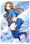  :3 ascot blue_background blue_eyes blue_legwear blush book brown_hair capelet castlevania castlevania:_portrait_of_ruin charlotte_aulin frills jumping kidachi long_hair shoes skirt smile solo thighhighs 