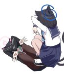  2girls animal_ears black_hoodie blue_archive blue_halo cat_ears cat_girl cat_shadow_puppet colored_inner_animal_ears colored_inner_hair crossed_arms double_w halo highres hood hoodie kazusa_(blue_archive) kikyou_(blue_archive) meme middle_w multicolored_hair multiple_girls multiple_tails pink_hair pink_halo school_uniform serafuku shadow_puppet squatting tail threeboon two-tone_hair two_tails w white_background white_serafuku 