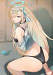  1girl :o ass asuna_(blue_archive) asuna_(school_uniform)_(blue_archive) bikini black_bikini blonde_hair blue_archive blue_bow blue_bowtie blue_eyes blue_halo bow bowtie breasts choker hair_over_one_eye hair_ribbon halo highres kemurigi_ill kneeling large_breasts long_hair looking_at_viewer looking_back ribbon shirt solo swimsuit thighs unworn_bowtie very_long_hair white_shirt 