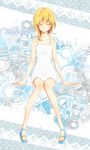  bad_id bad_pixiv_id bangs bare_arms bare_shoulders blonde_hair blue_footwear bunta01 character_name closed_eyes closed_mouth collarbone cursive dress eyebrows_visible_through_hair full_body hair_between_eyes hair_over_shoulder kingdom_hearts knees_together_feet_apart long_hair namine outline sandals short_dress sitting smile solo sundress white_dress white_outline 