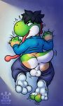 3_toes 4_fingers 4_toes absurd_res anthro anus balls bed black_hair blue_clothing blue_sweater blue_topwear bottomwear bottomwear_down butt clothed clothing dinosaur feet fingers foot_focus footwear furniture genitals grabbing_sheets green_yoshi hair hi_res human long_tongue looking_pleasured looking_up lying male mammal mario_bros mid_transformation motion_lines nintendo on_bed on_front open_mouth pants pants_down partially_clothed perineum pokerus10 prehistoric_species reptile scales scalie smile socks soles solo spikes spikes_(anatomy) sweater tail tan_body tan_skin toes tongue tongue_out topwear torn_clothing torn_footwear torn_socks transformation yoshi