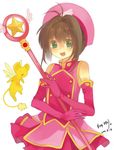  bad_id bad_pixiv_id bingdu_3927 brown_hair cardcaptor_sakura elbow_gloves gloves green_eyes hat highres hoshi_no_tsue kero kinomoto_sakura magical_girl pink_gloves pink_hat short_hair wand 