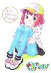  baseball_cap blue_legwear engrish grey_eyes hat hood hood_down hoodie mig_(migweb) original pantyhose polka_dot polka_dot_legwear ranguage red_hair shoes sitting skirt skull smile sneakers solo 