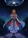  1girl bleach brown_eyes cape dress floating_hair full_moon hair_ornament hands_clasped inoue_orihime leaf long_hair looking_at_viewer moon night orange_hair outdoors own_hands_together runia sky star_(sky) starry_sky ulquiorra_cifer white_cape white_dress wings 