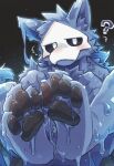 ambiguous_gender anthro ardic blue_body blue_fur blush bodily_fluids canid canine changed_(video_game) feet foot_focus front_view fur looking_at_viewer low-angle_view mammal nude pawpads paws puro_(changed) question_mark skulldog_(species) slime solo sweat sweaty_feet