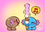  2025 2others animal_focus closed_eyes closed_mouth dessert food highres ice_cream ice_cream_cone multiple_others musical_note no_humans open_mouth paldean_wooper pink_background pokemon pokemon_(creature) saba_hokke sitting smile wooper 