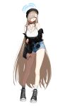  1girl absurdres alternate_costume anyak05 arm_up asuna_(blue_archive) asymmetrical_bangs bare_legs beanie black_bag black_bra black_choker black_hat black_jacket blue_archive blush bra bra_strap breasts brown_hair casual choker cleavage collarbone commentary commission converse denim denim_shorts earrings fingernails full_body hair_over_one_eye halo hat highres jacket jacket_partially_removed jewelry large_breasts leather leather_jacket long_hair looking_at_viewer mole mole_on_breast nail_polish necklace one_eye_covered reference_inset short_shorts shorts smile socks solo straight_hair tank_top underwear very_long_hair white_socks white_tank_top 
