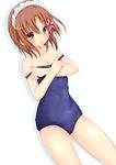  bad_id bad_pixiv_id bare_shoulders boku_wa_tomodachi_ga_sukunai brown_eyes brown_hair flower fuuma_(humawww) hair_flower hair_ornament hairclip kusunoki_yukimura maid_headdress one-piece_swimsuit school_swimsuit short_hair solo swimsuit swimsuit_pull 