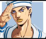  1boy anime_coloring araki_hirohiko_(style) black_hair blue_eyes border commentary dixie_cup_hat english_commentary grandguerrilla hat higashikata_josuke_(jojolion) highres jojo_no_kimyou_na_bouken jojolion makeup male_focus military_hat multicolored_eyes official_style orange_lips portrait purple_eyes recolored sailor sailor_collar salute solo two-tone_eyes white_hat white_sailor_collar yuri_sillies 