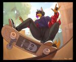 2021 anthro black_hair bottomwear breasts canid canine canis chelodoy clothed clothing devil_horns_(gesture) dobermann domestic_dog female fence flannel fur gesture hair half-pipe hand_gesture highlights_(coloring) low-angle_view mammal multicolored_body multicolored_fur night_in_the_woods occult_symbol pants pentagram pinscher purple_highlights shirt skateboard skateboarding skating solo symbol text text_on_clothing text_on_shirt text_on_topwear topwear two_tone_body two_tone_fur vans vehicle witchdagger zoey_(dirtyrenamon)