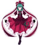  arm_ribbon boots closed_eyes curtsey dress front_ponytail green_hair hair_ribbon highres kagiyama_hina nikka_(cryptomeria) red_dress ribbon skirt_hold smile solo standing touhou transparent_background 