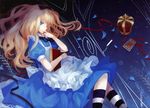  absurdres alice alice_(wonderland) alice_in_wonderland apron blonde_hair blue_eyes book crown dhiea footwear frills gathers hair_ribbon highres lace long_hair lying necktie petals ribbon socks striped striped_legwear striped_socks 