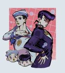  2boys absurdres birthmark black_hair blue_eyes chibi chibi_inset commentary commentary_request compass_rose diamond_wa_kudakenai dixie_cup_hat erurun7 gakuran green_lips grid_background hand_on_own_hip hat higashikata_josuke higashikata_josuke_(jojolion) highres joestar_birthmark jojo_no_kimyou_na_bouken jojolion male_focus military_hat multiple_boys parted_lips peace_symbol pompadour purple_eyes purple_hair sailor sailor_collar sailor_hat school_uniform shirt soap_bubbles sweatdrop upper_body white_hat white_sailor_collar white_shirt 