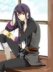  bad_id bad_pixiv_id belt black_eyes black_hair boots bracelet coat hand_on_own_knee hyura1004 jewelry knee_boots long_hair male_focus pants sitting smile solo tales_of_(series) tales_of_vesperia yuri_lowell 