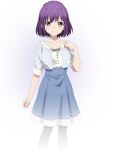  1girl 9-nine- arm_at_side blue_shirt blue_skirt blush_stickers braid brown_eyes closed_mouth collarbone collared_shirt cowboy_shot cropped_shirt crown_braid hair_between_eyes half_updo hand_up high-waist_skirt highres looking_at_viewer medium_hair naruse_satsuki official_art open_clothes open_shirt promotional_art purple_hair shirt short_sleeves simple_background skirt smile solo split_mouth transparent_background 
