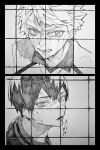  2boys 3_surugi biting_own_lip border collared_shirt crying greyscale haikyuu!! highres kageyama_tobio lower_teeth_only male_focus monochrome multiple_boys oikawa_tooru_(haikyuu!!) open_mouth sanpaku shirt sportswear streaming_tears sweat tears teeth very_sweaty volleyball_net volleyball_uniform wing_collar 
