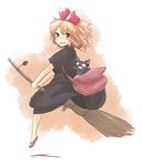  bag black_dress blonde_hair blush braid broom broom_riding cosplay dress hair_ribbon kaenbyou_rin kaenbyou_rin_(cat) kiki kiki_(cosplay) kirisame_marisa lockheart majo_no_takkyuubin no_hat no_headwear open_mouth ribbon shoulder_bag smile solo touhou witch yellow_eyes 