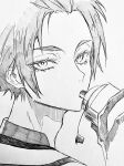  1boy 3_surugi adam&#039;s_apple blue_lock bottle collared_shirt commentary drinking eyelashes grey_background greyscale highres holding holding_bottle itoshi_sae looking_ahead male_focus monochrome sanpaku shirt short_hair simple_background solo water_bottle 