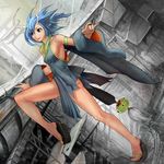  antlers arm_strap bad_id bad_pixiv_id bare_legs bare_shoulders black_eyes blue_hair breasts clog_sandals collarbone detached_sleeves dutch_angle leg_lift legs medium_breasts original shijima_(tanfn) sideboob solo torii 