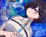  atelier_(series) atelier_yumia breasts commentary hair_ornament hairclip large_breasts looking_to_the_side lying short_hair smoke snowstar watermark yumia_liessfeldt 