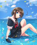 1girl ahoge arm_support barefoot black_gloves black_shirt black_skirt blue_eyes blue_sky blush braid brown_hair cloud commentary_request day falling_petals foot_out_of_frame gloves hair_over_shoulder horizon kantai_collection kiuzu_(ko_kiu2) looking_at_viewer no_shoes no_socks on_water petals pleated_skirt sailor_collar school_uniform serafuku shigure_(kancolle) shirt short_sleeves sidelocks single_braid sitting skirt sky smile solo swept_bangs twitter_username water white_sailor_collar 